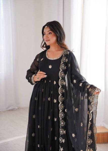 Black Georgette Sequence Embroidered Gown Set with Pant & Dupatta at Best Rates Anarkali Kurtis 