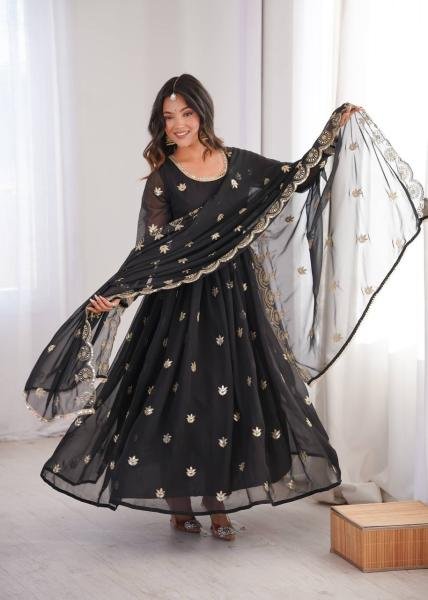 Black Georgette Sequence Embroidered Gown Set with Pant & Dupatta at Best Rates Anarkali Kurtis 