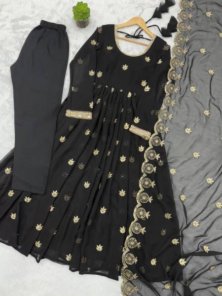Black Georgette Sequence Embroidered Gown Set with Pant & Dupatta at Best Rates Anarkali Kurtis 