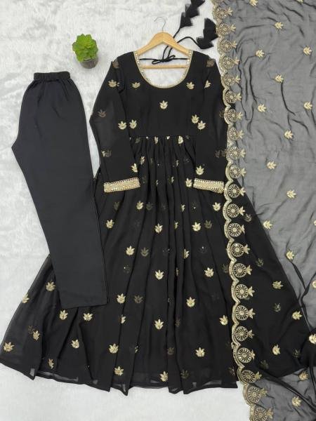 Black Georgette Sequence Embroidered Gown Set with Pant & Dupatta at Best Rates Anarkali Kurtis 