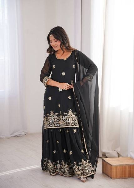 Black Georgette Sequence Embroidered Sharara Set with Dupatta at Manufacturer Price Ready To Wear Collection