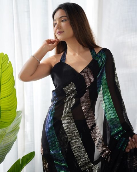 Black Georgette Sequin Work Saree for Women Heavy Party Wear Design at Best Wholesale Price Georgette Sarees Wholesale