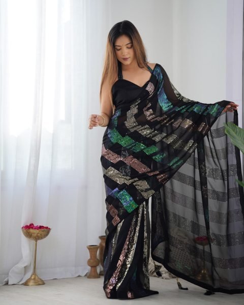 Black Georgette Sequin Work Saree for Women Heavy Party Wear Design at Best Wholesale Price Georgette Sarees Wholesale
