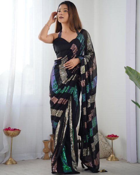 Black Georgette Sequin Work Saree for Women Heavy Party Wear Design at Best Wholesale Price Georgette Sarees Wholesale