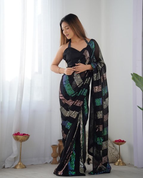 Black Georgette Sequin Work Saree for Women Heavy Party Wear Design at Best Wholesale Price Georgette Sarees Wholesale