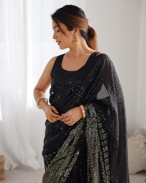 Black Georgette Silk Embroidered Saree for Reception & Party Classic Designer Collection by Royal Export Surat Georgette Sarees Wholesale