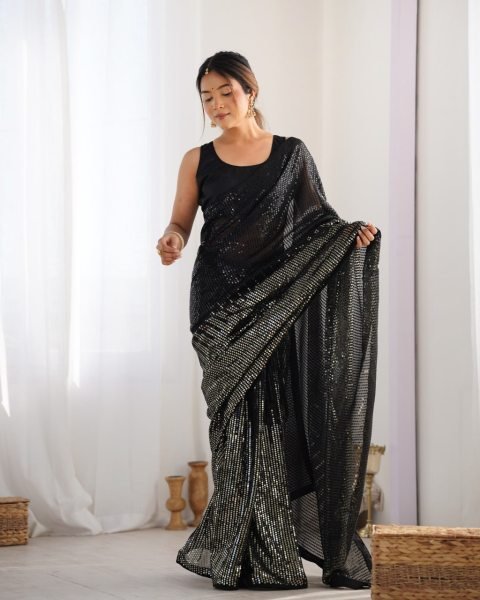 Black Georgette Silk Embroidered Saree for Reception & Party Classic Designer Collection by Royal Export Surat Georgette Sarees Wholesale