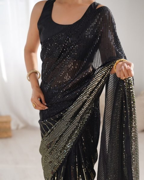 Black Georgette Silk Embroidered Saree for Reception & Party Classic Designer Collection by Royal Export Surat Georgette Sarees Wholesale
