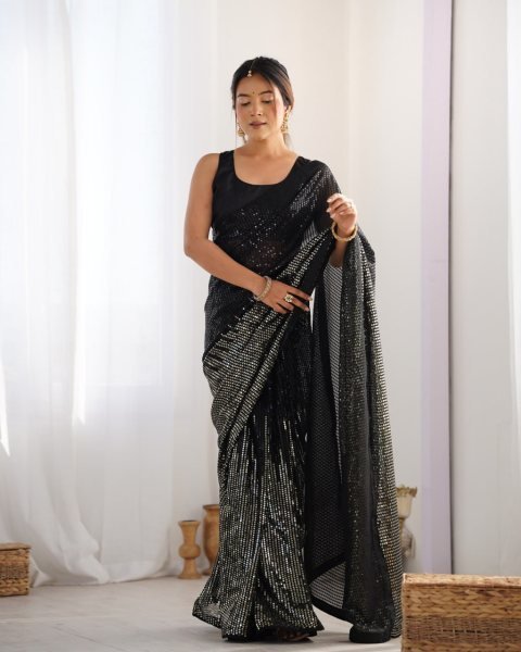 Black Georgette Silk Embroidered Saree for Reception & Party Classic Designer Collection by Royal Export Surat Georgette Sarees Wholesale