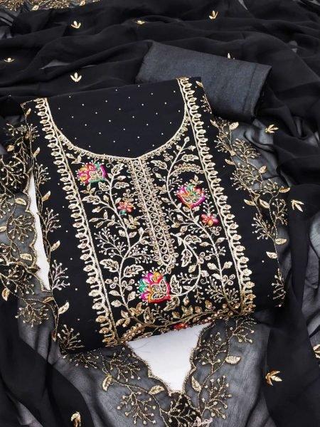 Black Georgette Suit with Floral Embroidery and Stone Work Unstitched Elegance for Resellers Dress Material 