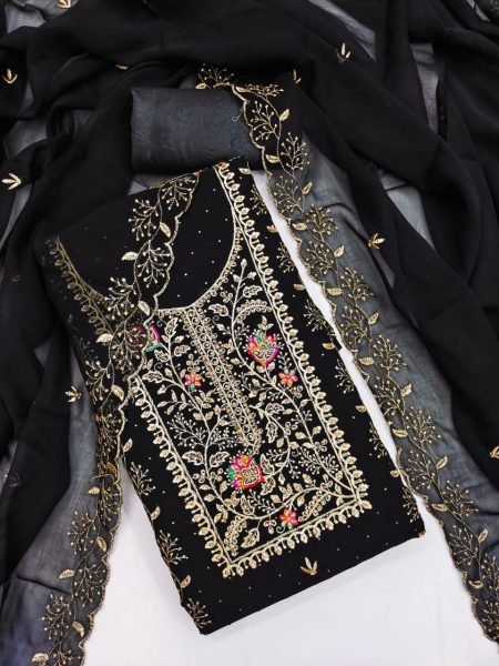 Black Georgette Suit with Floral Embroidery and Stone Work Unstitched Elegance for Resellers Color Set Matching Dress Material Wholesale