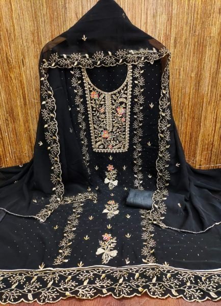 Black Georgette Suit with Floral Embroidery and Stone Work Unstitched Elegance for Resellers Color Set Matching Dress Material Wholesale