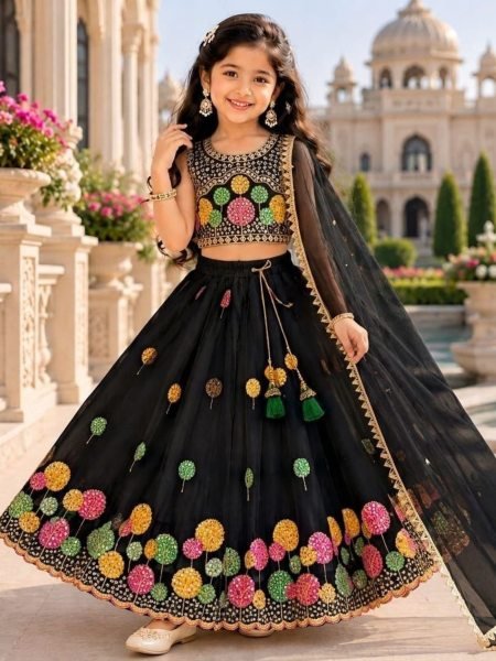 Black Girls Georgette Lehenga Choli with Multi Embroidery Work and Net Dupatta Kurtis