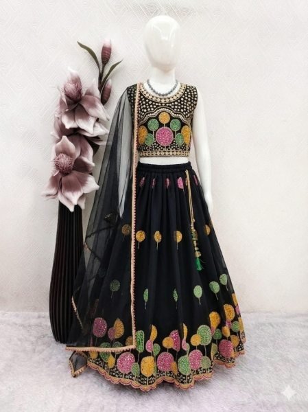 Black Girls Georgette Lehenga Choli with Multi Embroidery Work and Net Dupatta Girls Wear