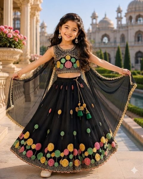 Black Girls Georgette Lehenga Choli with Multi Embroidery Work and Net Dupatta Girls Wear