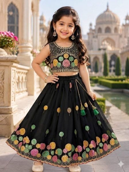 Black Girls Georgette Lehenga Choli with Multi Embroidery Work and Net Dupatta Girls Wear
