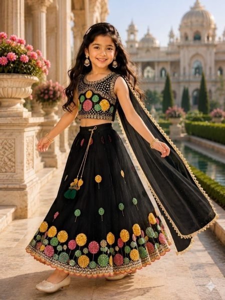 Black Girls Georgette Lehenga Choli with Multi Embroidery Work and Net Dupatta Girls Wear