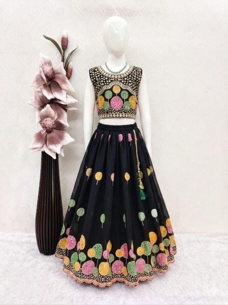 Black Girls Georgette Lehenga Choli with Multi Embroidery Work and Net Dupatta Girls Wear