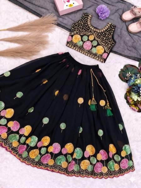 Black Girls Georgette Lehenga Choli with Multi Embroidery Work and Net Dupatta Girls Wear