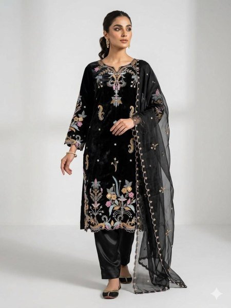 Vibrant Black Glass Roman Embroidered Pant Suit With Organza Dupatta For Wholesale Straight Kurti Set 