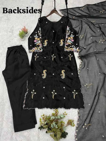 Vibrant Black Glass Roman Embroidered Pant Suit With Organza Dupatta For Wholesale Straight Kurti Set Ready To Wear Collection