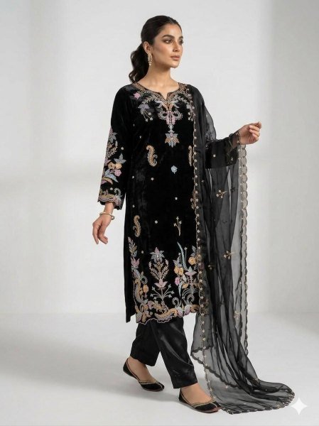 Vibrant Black Glass Roman Embroidered Pant Suit With Organza Dupatta For Wholesale Straight Kurti Set Ready To Wear Collection