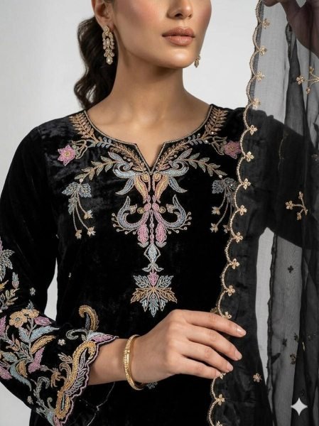 Vibrant Black Glass Roman Embroidered Pant Suit With Organza Dupatta For Wholesale Straight Kurti Set Ready To Wear Collection