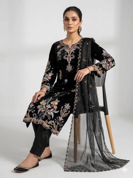 Vibrant Black Glass Roman Embroidered Pant Suit With Organza Dupatta For Wholesale Straight Kurti Set Ready To Wear Collection