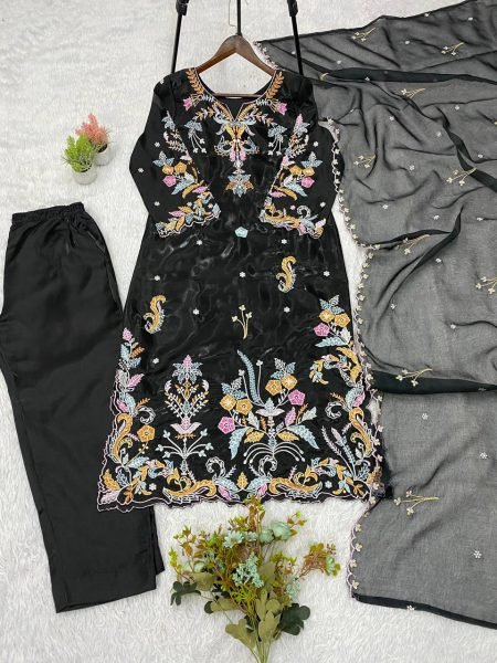 Vibrant Black Glass Roman Embroidered Pant Suit With Organza Dupatta For Wholesale Straight Kurti Set Ready To Wear Collection