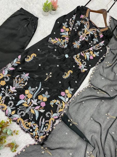 Vibrant Black Glass Roman Embroidered Pant Suit With Organza Dupatta For Wholesale Straight Kurti Set Ready To Wear Collection