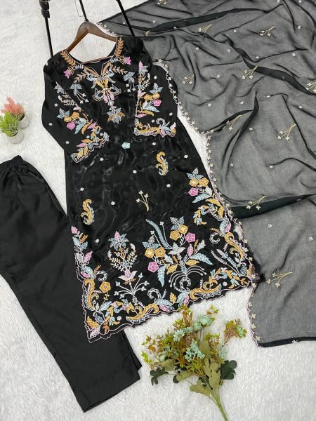 Vibrant Black Glass Roman Embroidered Pant Suit With Organza Dupatta For Wholesale Straight Kurti Set Ready To Wear Collection