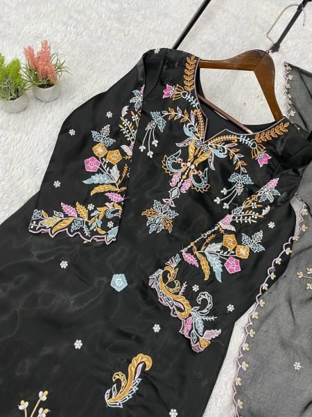 Vibrant Black Glass Roman Embroidered Pant Suit With Organza Dupatta For Wholesale Straight Kurti Set Ready To Wear Collection