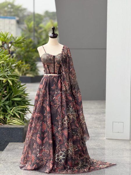 Black  Gmy Organza Digital Print Lehenga Choli with Dupatta for Freshers Party Wear   Designer Lehenga Choli