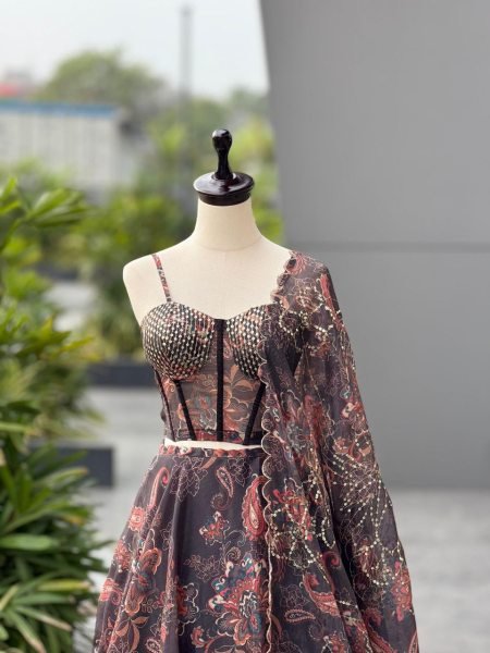 Black  Gmy Organza Digital Print Lehenga Choli with Dupatta for Freshers Party Wear   Designer Lehenga Choli