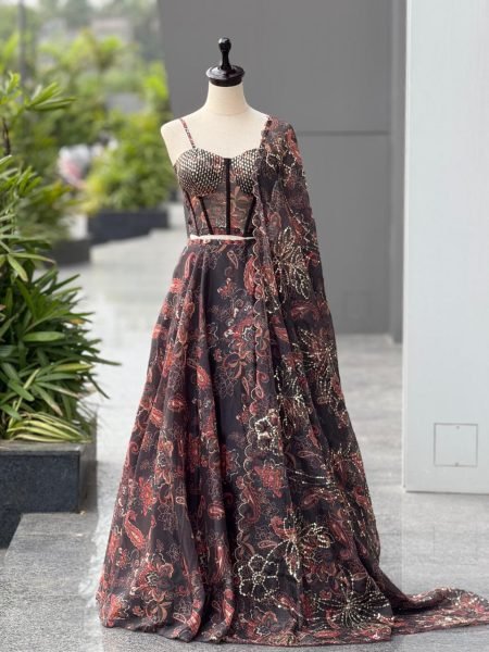 Black  Gmy Organza Digital Print Lehenga Choli with Dupatta for Freshers Party Wear   Designer Lehenga Choli