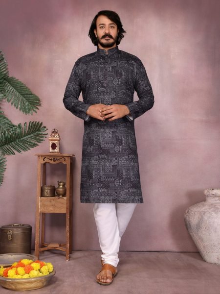 Black Premium Cotton Designer Mens Kurta Pyjama at Low Price Mens Wear