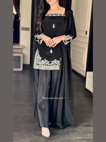Black Heavy Crepe Top Palazzo Dress with Moti Work Dupatta  