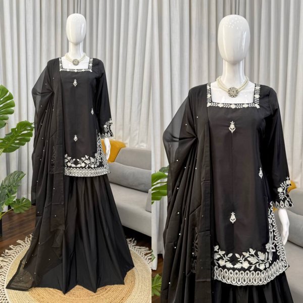 Black Heavy Crepe Top Palazzo Dress with Moti Work Dupatta  Ready To Wear Collection