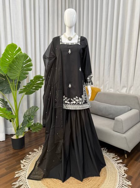 Black Heavy Crepe Top Palazzo Dress with Moti Work Dupatta  Ready To Wear Collection