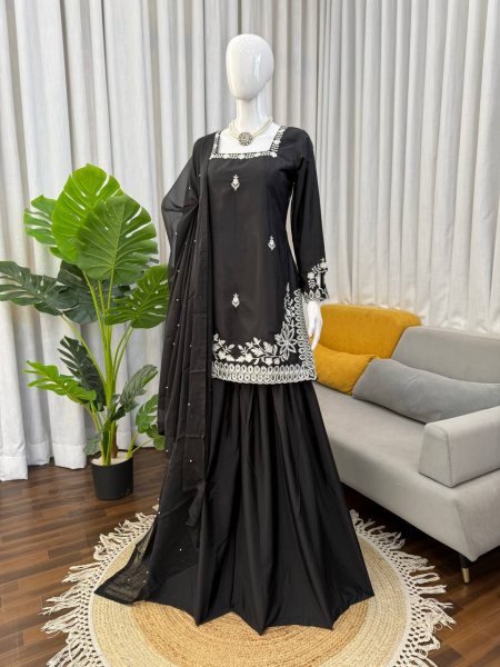 Black Heavy Crepe Top Palazzo Dress with Moti Work Dupatta  Ready To Wear Collection