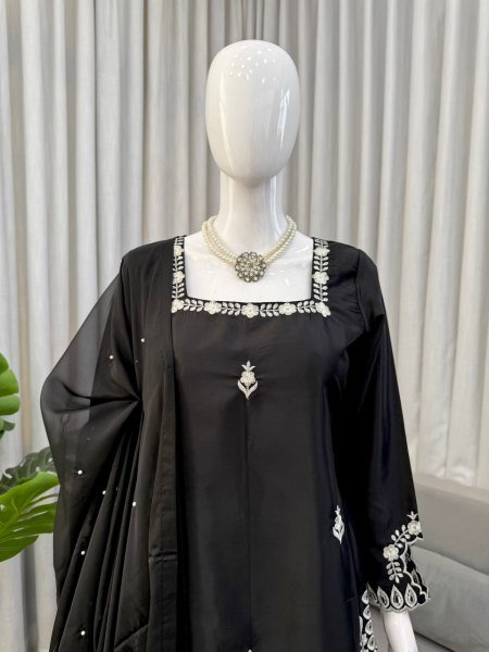 Black Heavy Crepe Top Palazzo Dress with Moti Work Dupatta  Ready To Wear Collection