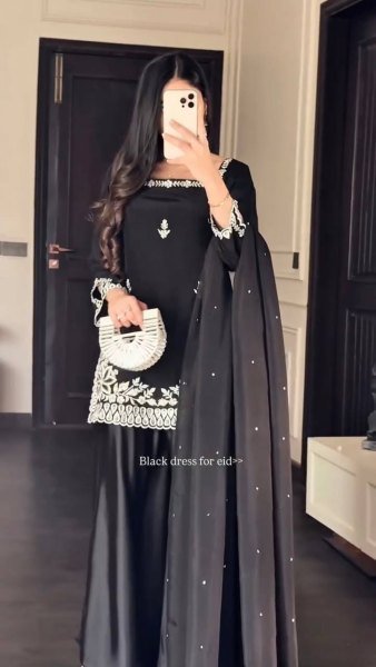 Black Heavy Crepe Top Palazzo Dress with Moti Work Dupatta  Ready To Wear Collection