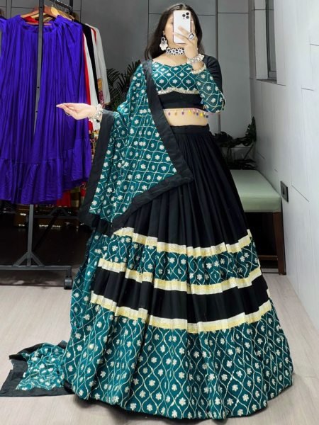 Black Heavy Designer Rayon Cotton Lehenga Set with Dupatta for Festive Wear 