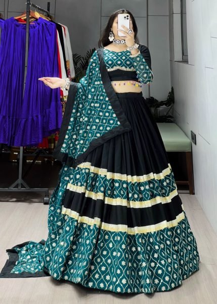 Black Heavy Designer Rayon Cotton Lehenga Set with Dupatta for Festive Wear Navratri Lehnega Choli