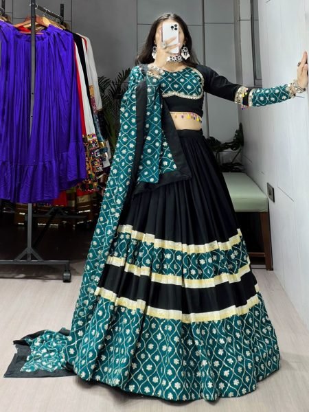 Black Heavy Designer Rayon Cotton Lehenga Set with Dupatta for Festive Wear Navratri Lehnega Choli