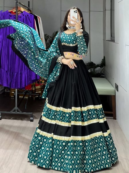 Black Heavy Designer Rayon Cotton Lehenga Set with Dupatta for Festive Wear Navratri Lehnega Choli