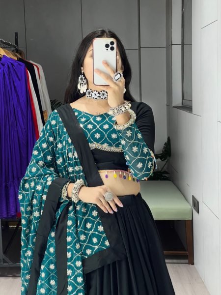 Black Heavy Designer Rayon Cotton Lehenga Set with Dupatta for Festive Wear Navratri Lehnega Choli