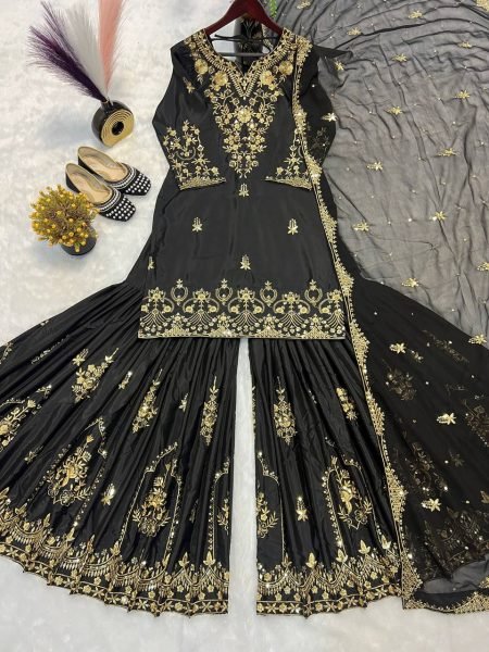 Black Heavy Embroidered Natural Crepe Sharara Suit Set with Georgette Dupatta Ready to Wear Party Wear for Resellers Ready To Wear Collection