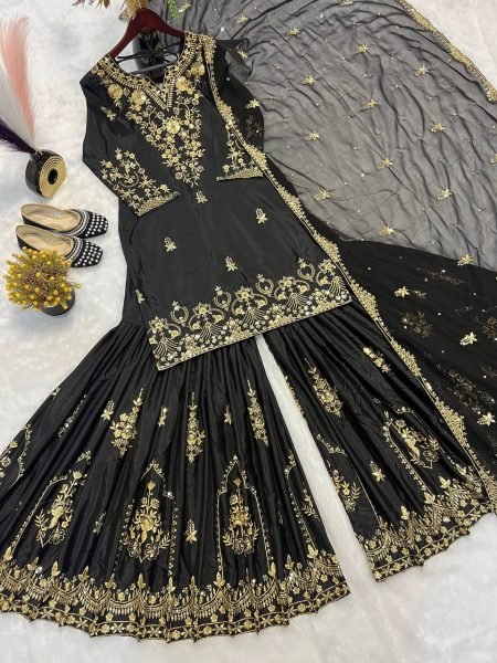 Black Heavy Embroidered Natural Crepe Sharara Suit Set with Georgette Dupatta Ready to Wear Party Wear for Resellers Ready To Wear Collection
