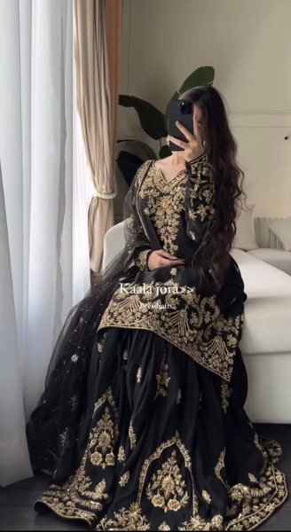 Black Heavy Embroidered Natural Crepe Sharara Suit Set with Georgette Dupatta Ready to Wear Party Wear for Resellers Ready To Wear Collection